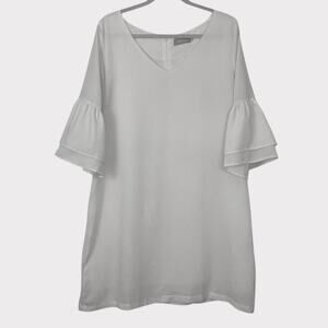 Belongsci Vintage Sheer White Bell Sleeve V-Neck Mini Dress